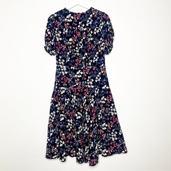 NWT Lewit Keyhole Puff Sleeve 100% Silk A-Line Dress Knee Length Navy Blue Dress - Picture 7 of 8